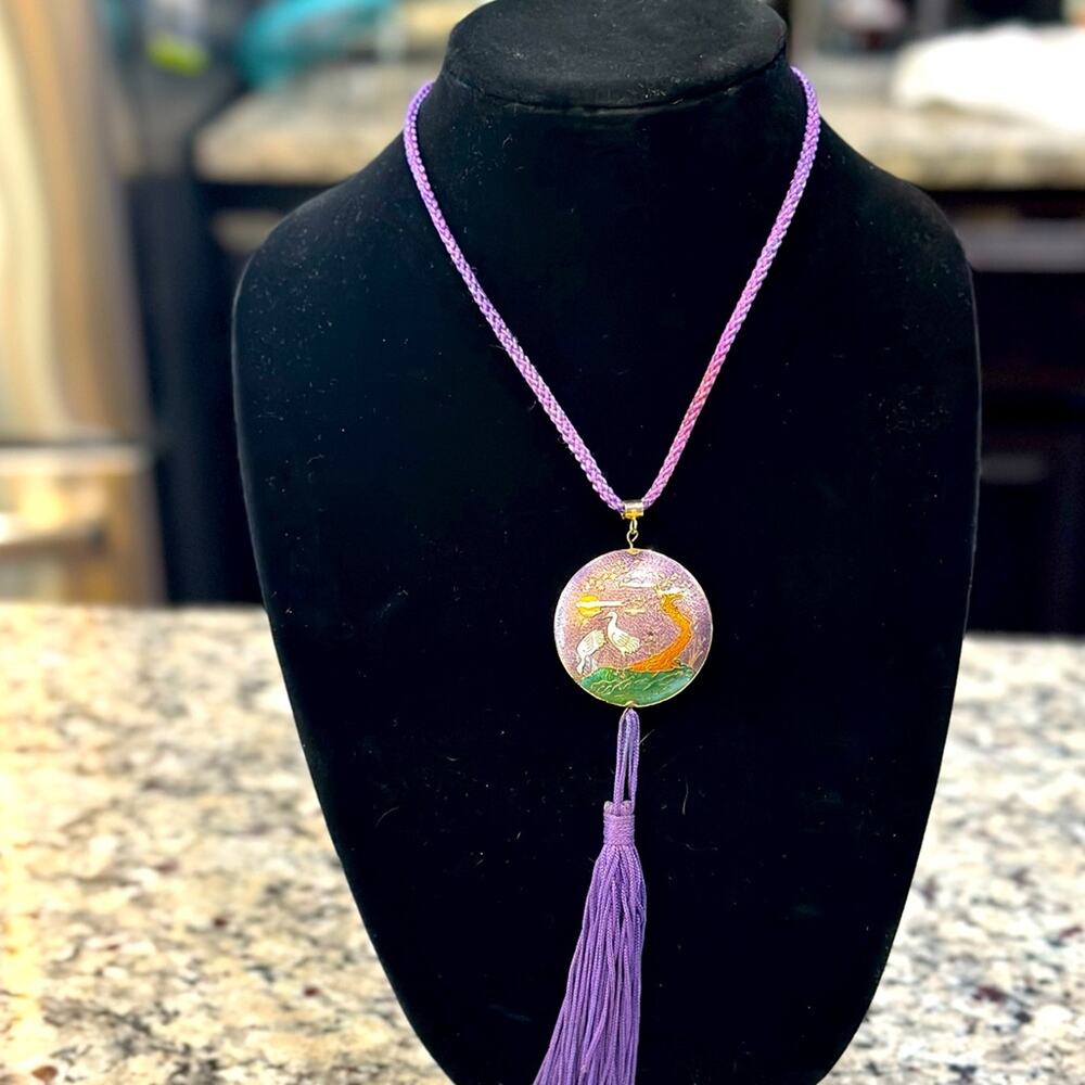 Vintage Freirich Cloisonné Purple Crane Sakura Tree DBL sided Pendant Necklace